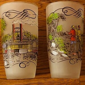 Gay Fad Currier & Ives Scenes Tall Frosted Glasses, Early 1950 1940, Vintage
